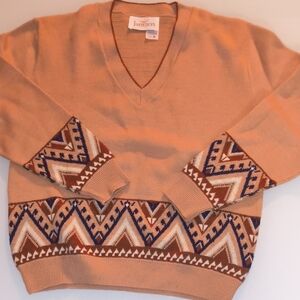 Jantzen Tan Sweater with Blue and White Geometric Design